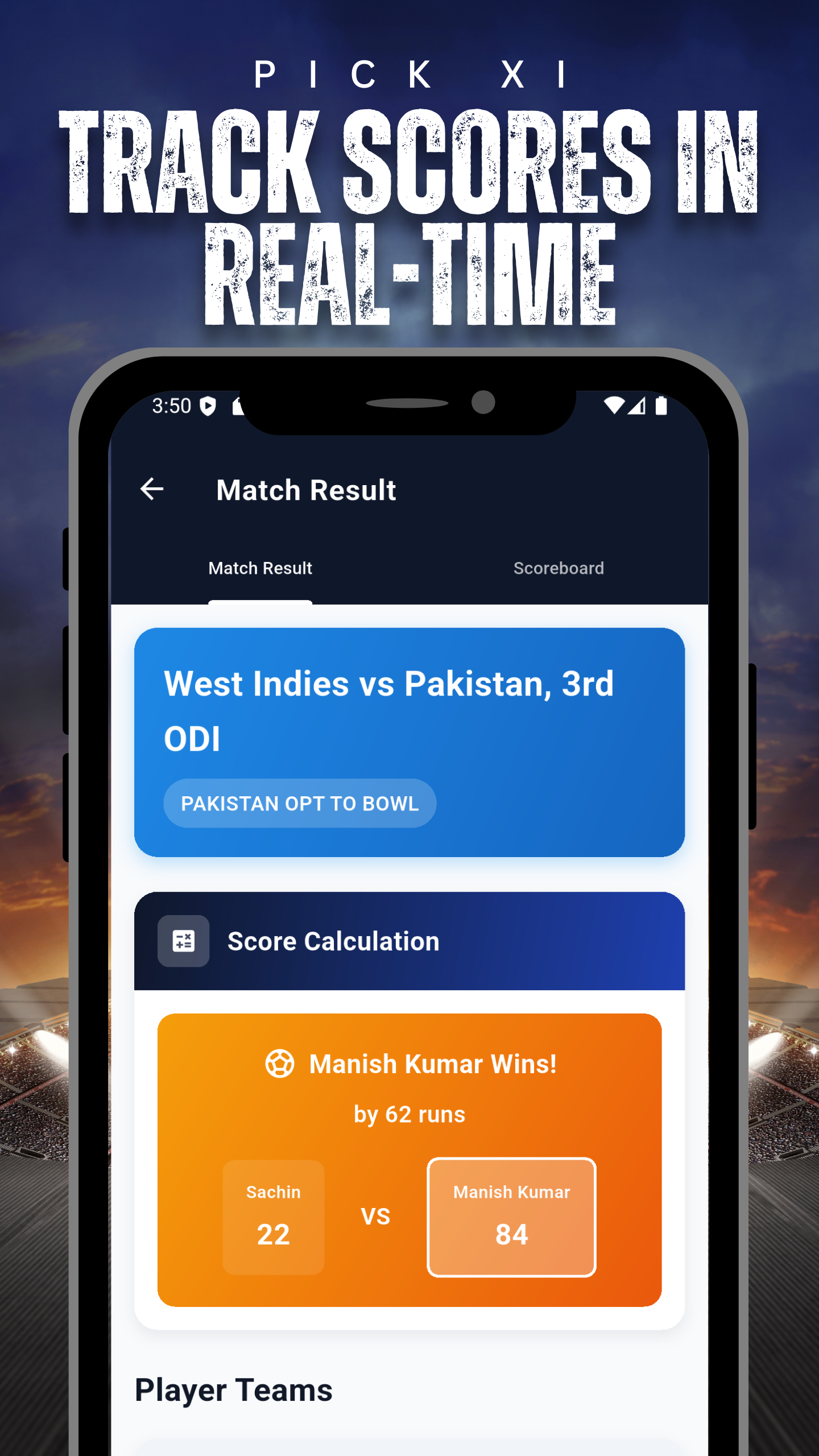 PickXI Real-Time Scoring dashboard showing real-time points