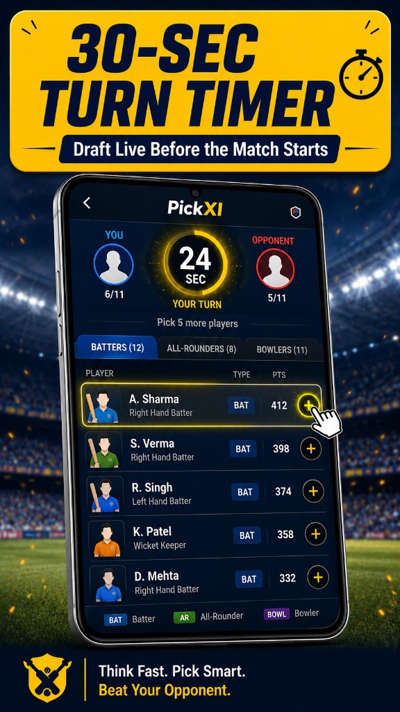 PickXI live draft with a 30-second turn timer before the cricket match starts